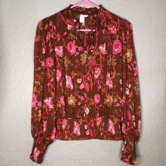 JOIE Pink And Brown Floral Polyester Smocked cuffs/Hem Blouse - Picture 3 of 8